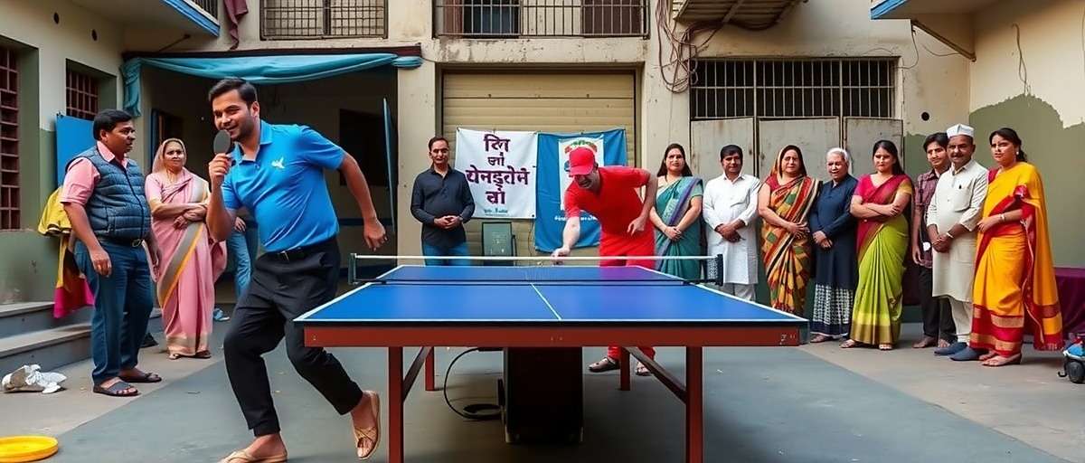 Desi Table Tennis Challenge - Street Match Gameplay Desi Table Tennis Challenge gameplay showing a match in a Mumbai street court with spectators in traditional clothes
